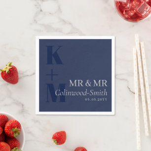 Elegant Navy Blue Grey Typography Initials Mr & Mr Napkin