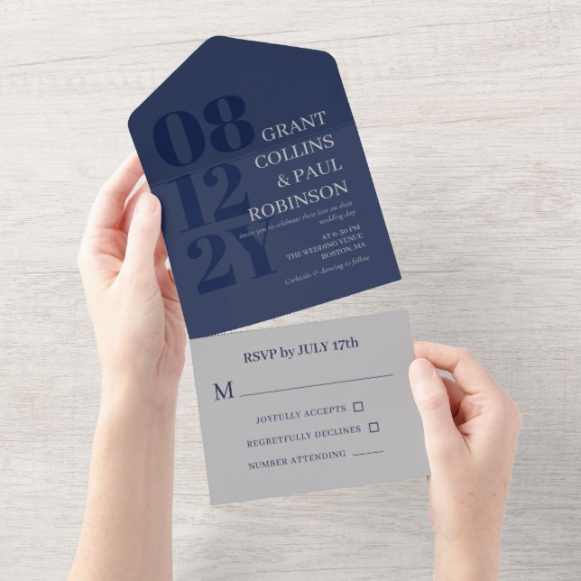 Elegant Navy Blue Grey Typography Wedding All In One Invitation (Tearaway)
