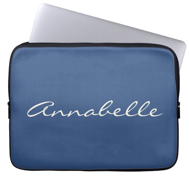 Elegant Navy Blue Handwritten Script Name Custom Laptop Sleeve (Front)