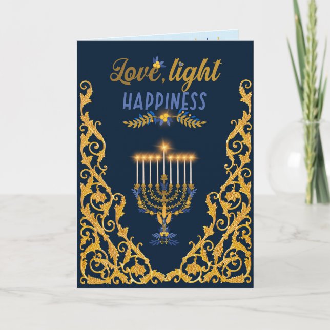 Elegant Navy Blue Hanukkah Menorah Card (Front)