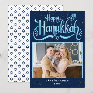 Elegant Navy Blue Happy Hanukkah Photo Holiday Card