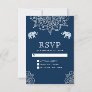 Elegant Navy Blue Henna Indian Wedding RSVP Card