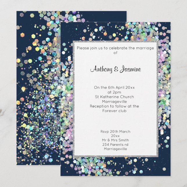 ELEGANT NAVY BLUE HOLOGRAPHIC PASTEL WEDDING  INVITATION (Front/Back)