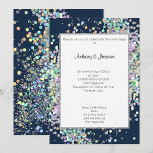 ELEGANT NAVY BLUE HOLOGRAPHIC PASTEL WEDDING INVITATION