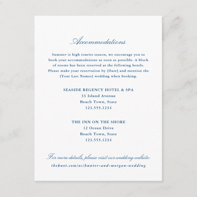 Elegant Navy Blue Hotel Accommodations Enclosure Card (Front)