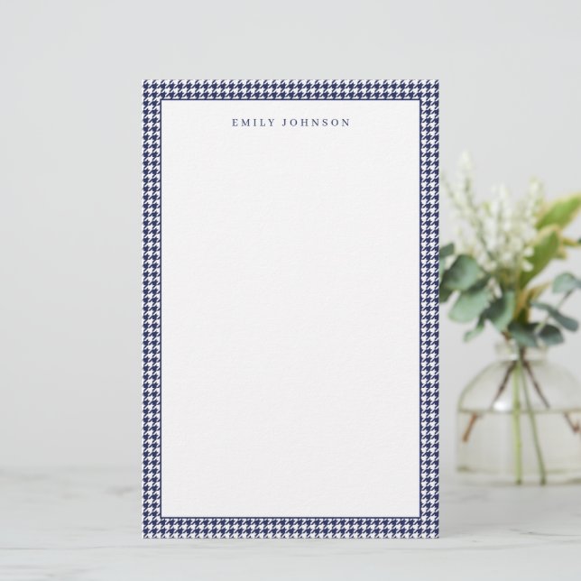 Elegant Navy Blue Houndstooth Monogram Stationery (Standing Front)