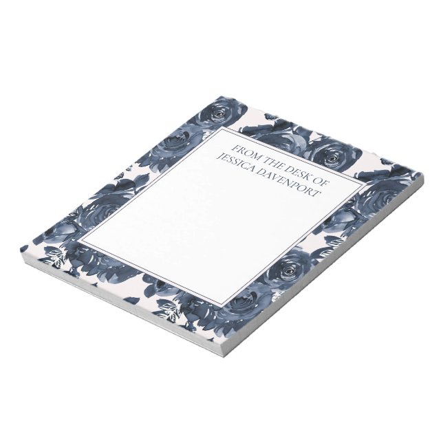 Elegant Navy Blue Indigo Floral White From Desk Notepad (Rotated)