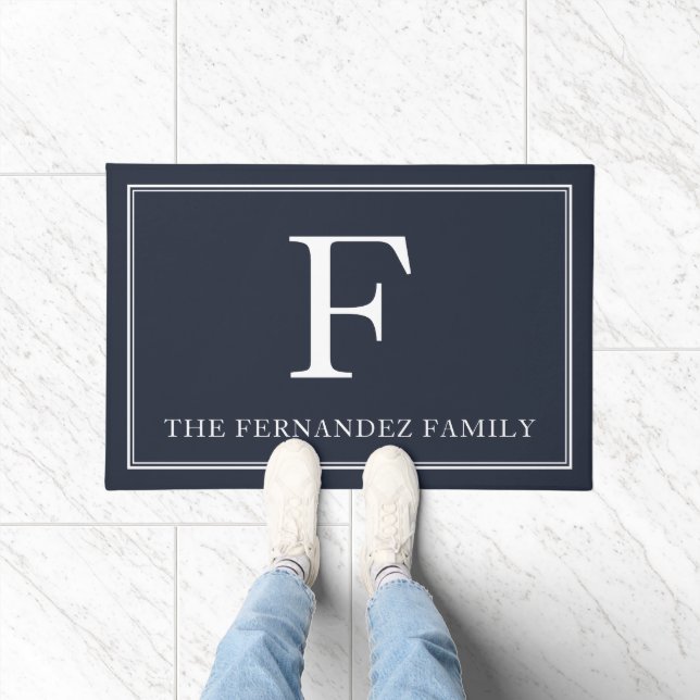 Elegant Navy Blue Initial Family Name Doormat (Indoor)