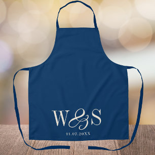 Elegant navy blue initial wedding couples apron