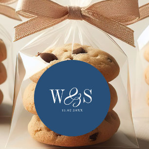 Elegant navy blue initial wedding couples classic round sticker