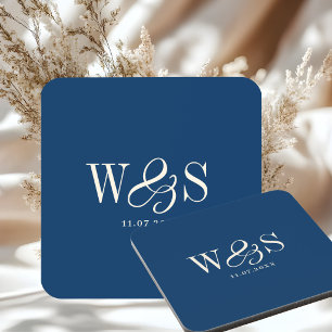 Elegant navy blue initial wedding couples coaster