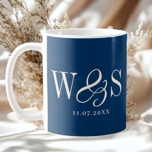 Elegant navy blue initial wedding couples coffee mug