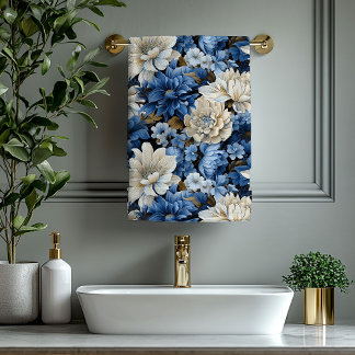 Elegant Navy Blue Ivory Gold Floral Bath Towel