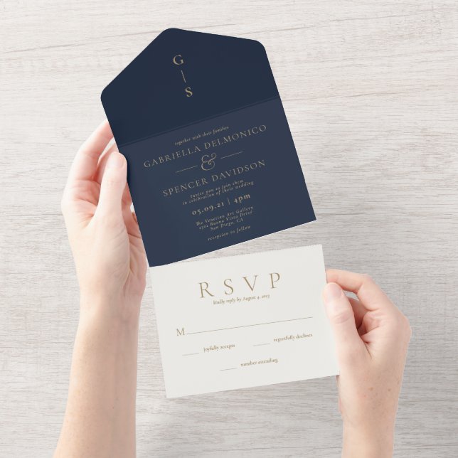 Elegant Navy Blue Ivory Gold Wedding All In One Invitation (Tearaway)