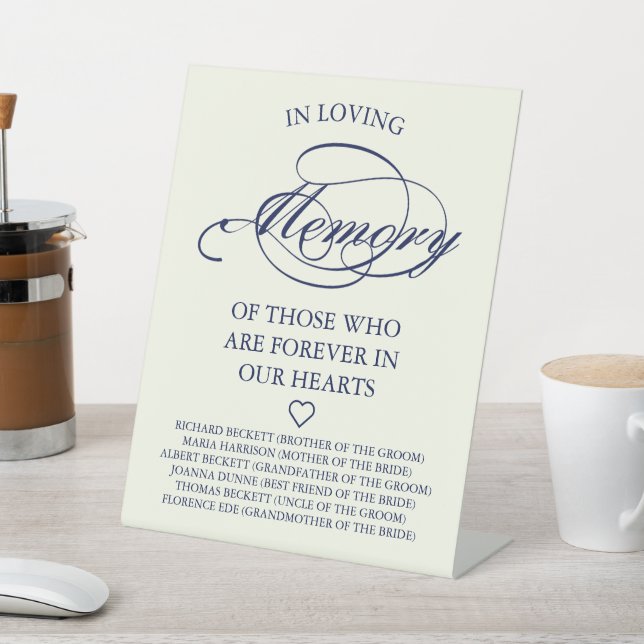 Elegant Navy Blue & Ivory Script Wedding Memorial Pedestal Sign (In SItu)