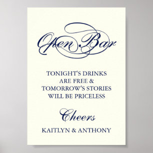 Elegant Navy Blue & Ivory Script Wedding Open Bar Poster
