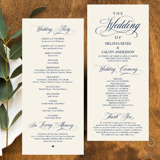 Elegant Navy Blue Ivory Script Wedding Programme (Elegant Classy Navy Blue Ivory Script Wedding Program Card)