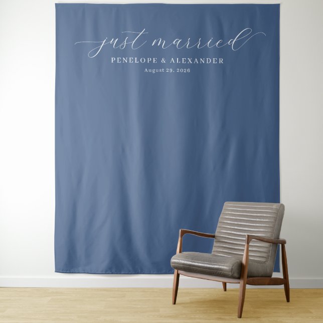 Elegant Navy Blue Just Married Tapestry (In Situ)