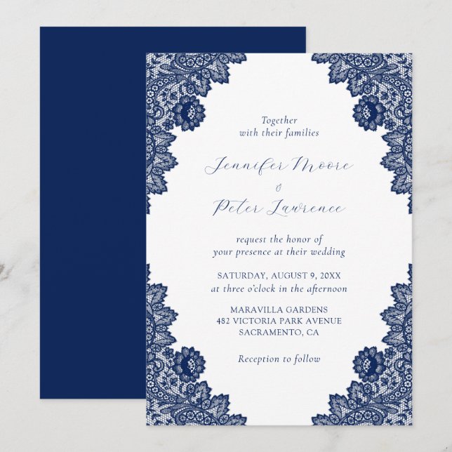 Elegant Navy Blue Lace Wedding Invitation (Front/Back)