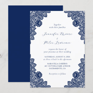 Elegant Navy Blue Lace Wedding Invitation