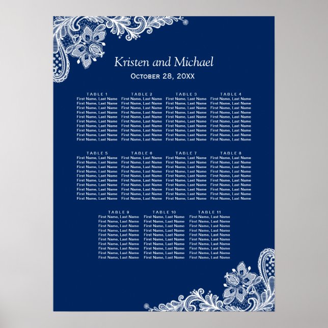 Elegant Navy Blue Lace Wedding Seating Chart (Front)