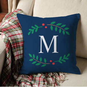 Elegant Navy Blue Laurel Monogram Christmas Cushion