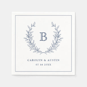 Elegant Navy Blue Laurel Wreath Wedding Monogram Napkin
