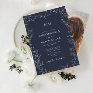 Elegant Navy Blue Leaf Photo Monogram Wedding Invitation