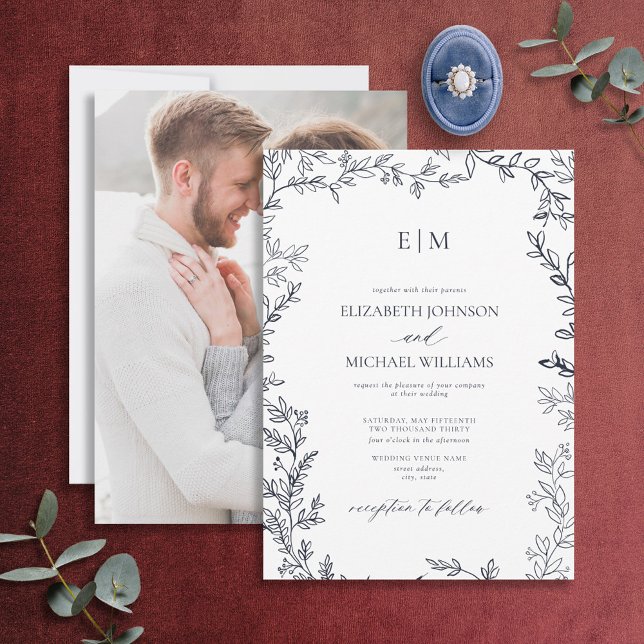 Elegant Navy Blue Leaf Photo Monogram Wedding Invitation (Creator Uploaded)