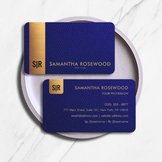 Elegant Navy Blue Leather & Gold Bar Monogram Business Card