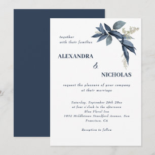 Elegant Navy Blue Leaves Botanical Wedding Invitation
