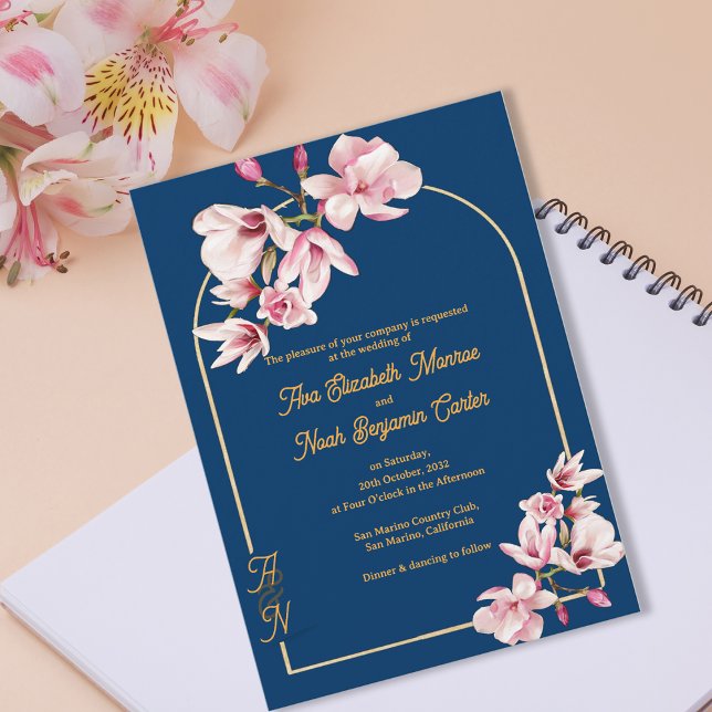 Elegant Navy Blue Magnolia Floral Wedding Invitation (Elegant Navy Blue Magnolia Floral Wedding Invitation)