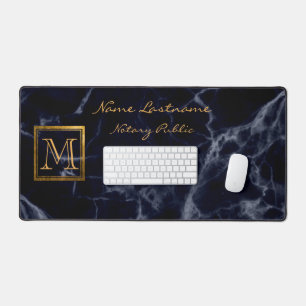 Elegant Navy Blue Marble Square Gold Monogram Desk Mat
