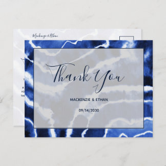 Elegant Navy Blue Marble Tie Dye Wedding Thank You Postcard