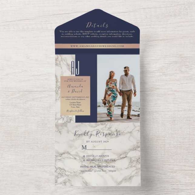 Elegant Navy Blue Marble Wedding All In One Invitation (Inside)