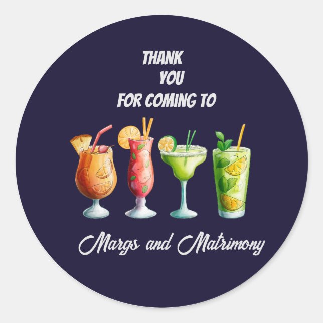 elegant navy blue margs and matrimony thank you classic round sticker (Front)