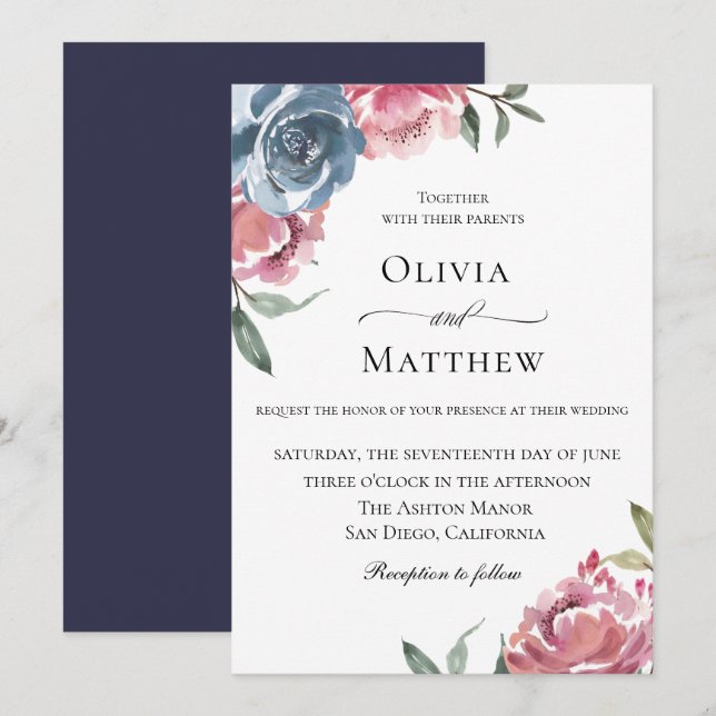 Elegant Navy Blue Mauve Botanical Wedding Invitation (Front/Back)