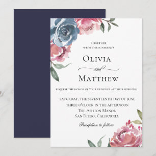 Elegant Navy Blue Mauve Botanical Wedding Invitation
