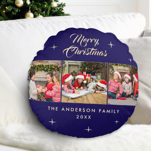 Elegant Navy Blue Merry Christmas 3 Photo Collage Round Cushion