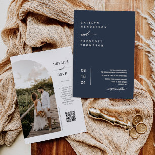 Elegant Navy Blue Minimal Photo QR Code Wedding I Invitation