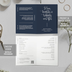 Elegant Navy Blue Minimal QR Code Wedding Folded Programme