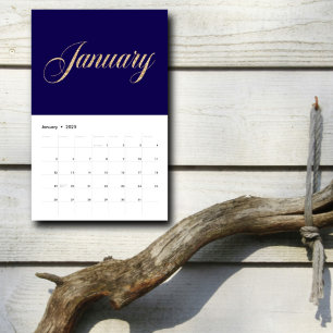 Elegant Navy Blue Minimalist Gold Script Letters Calendar