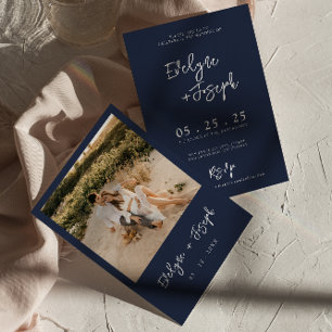 Elegant Navy Blue Minimalist Modern Photo Wedding Invitation