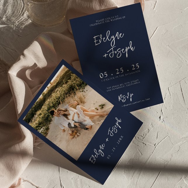 Elegant Navy Blue Minimalist Modern Photo Wedding Invitation (Creator Uploaded)