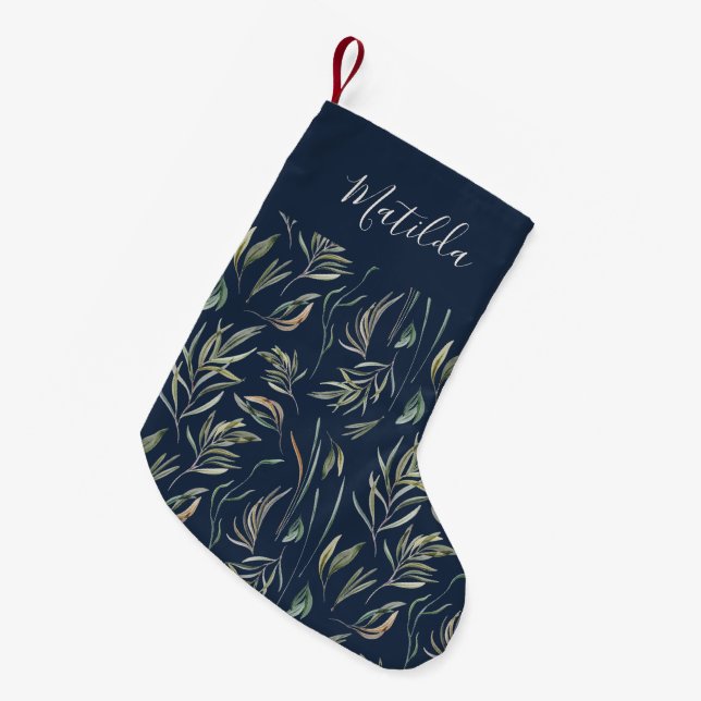 Elegant navy blue modern minimal botanical script small christmas stocking (Front (Hanging))