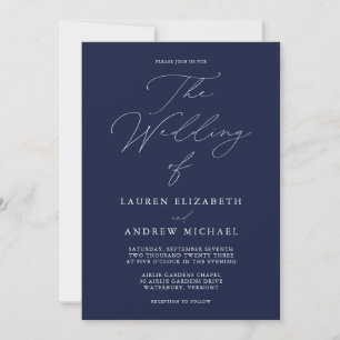 Elegant Navy Blue Modern Minimalist Wedding Invita Invitation