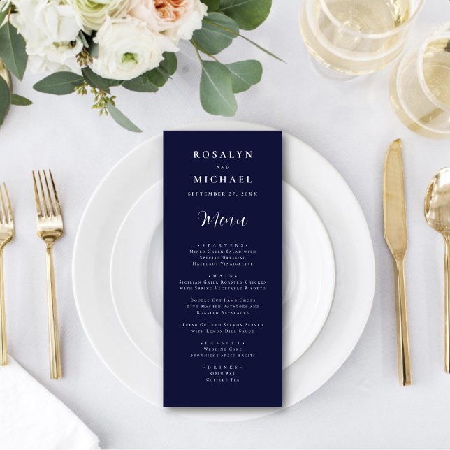 Elegant Navy Blue Modern Minimalist Wedding Menu (Creator Uploaded)