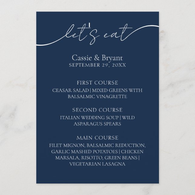 Elegant Navy Blue Modern Script Wedding Menu (Front)