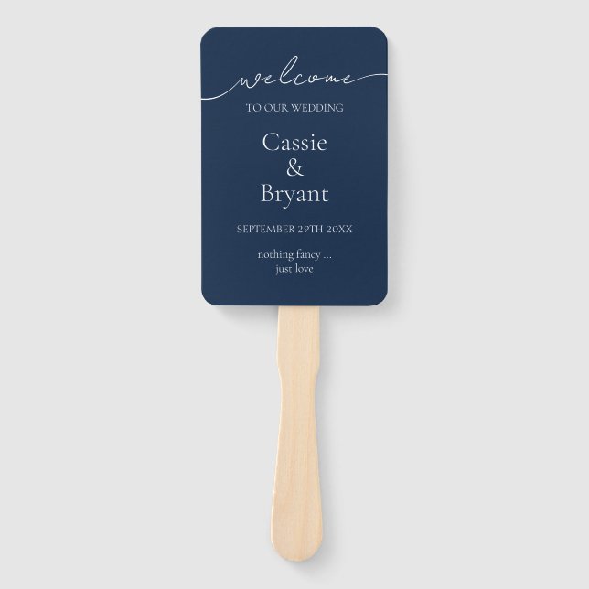 Elegant Navy Blue Modern Script Wedding Program Hand Fan (Front)