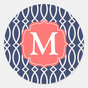 Elegant Navy Blue Modern Trellis Monogrammed Classic Round Sticker